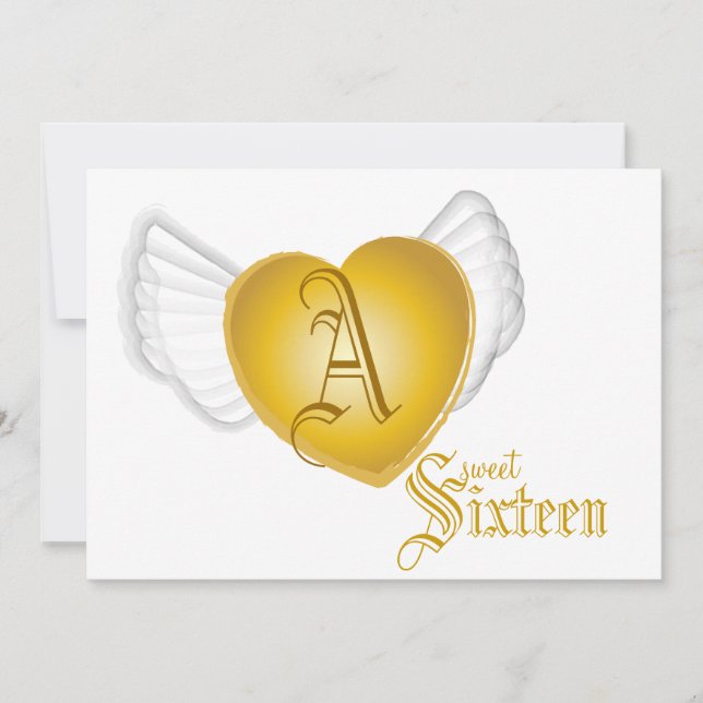 Monogram Golden Winged Heart Sweet 16-Cust. Inbjudningar (Framsida)