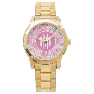 Monogram   gör jag den rosa vattenfärgblommönst armbandsur