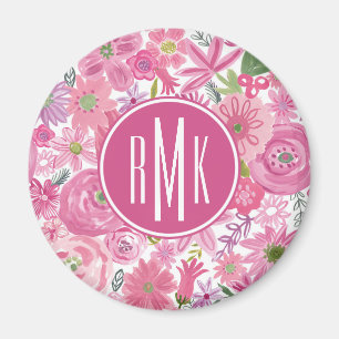 Monogram gör jag den rosa vattenfärgblommönst magnet
