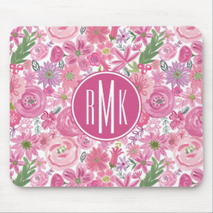 Monogram gör jag den rosa vattenfärgblommönst musmatta