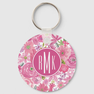 Monogram gör jag den rosa vattenfärgblommönst nyckelring