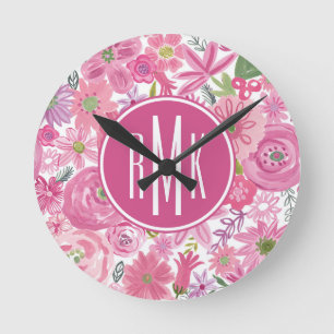 Monogram gör jag den rosa vattenfärgblommönst rund klocka
