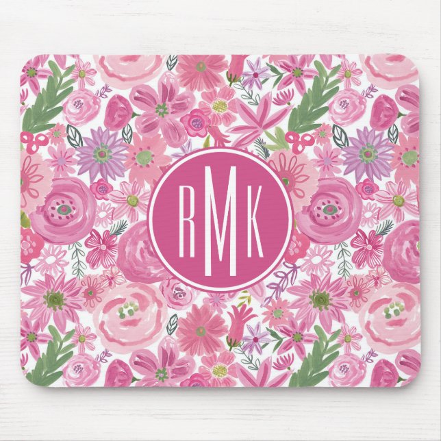 Monogram | gör jag den rosa vattenfärgblommönstret musmatta (Framsidan)