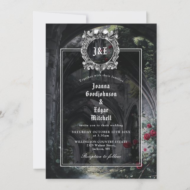 Monogram Gothic Ruins Roses Floral Wedding Inbjudningar (Framsida)