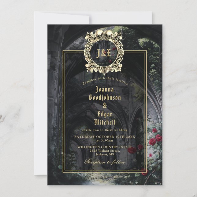 Monogram gotiska ruiner rosor blomsterbröllop inbjudningar (Framsida)