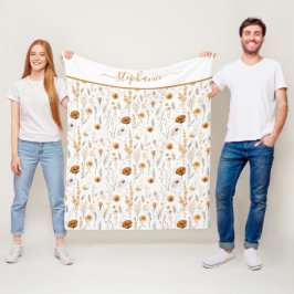 Monogram grå beige brun vit boho blommig fleecefilt