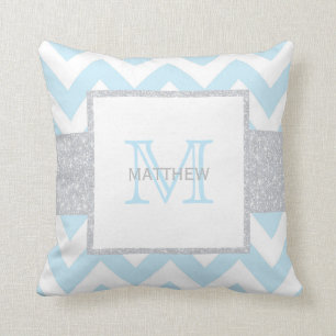 Monogram Grått Blue Chevron Pojke Pillow Kudde