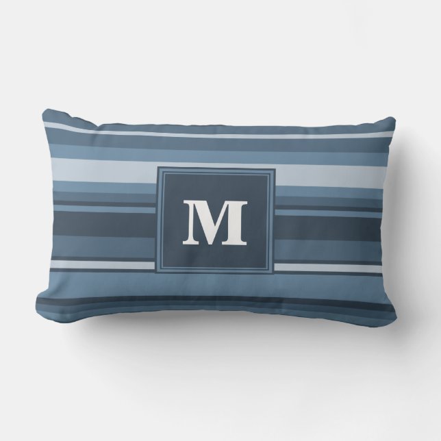 Monogram grått-blue rand lumbarkudde (Framsida)