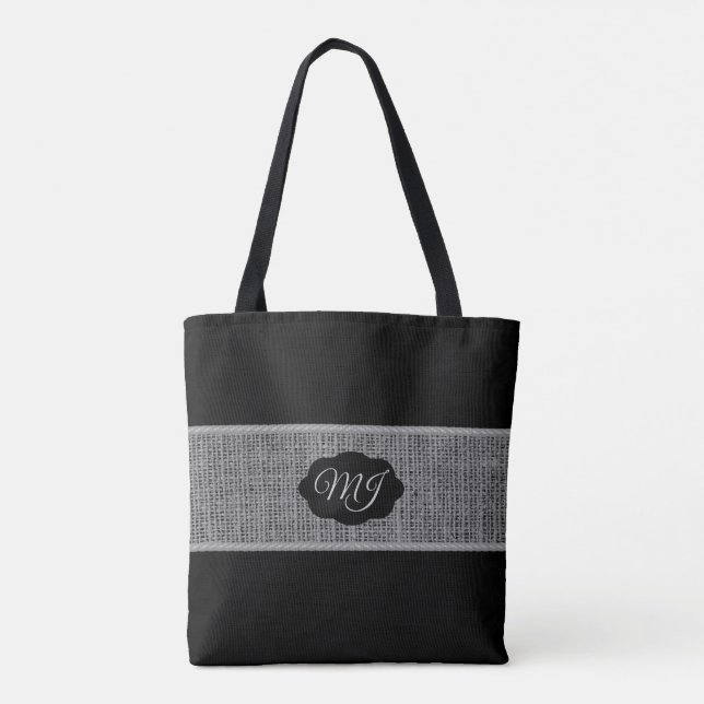 Monogram Grått Burlap på svart Tygkasse (Baksida)