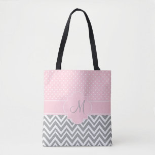 Monogram Grått Chevron med Pastel Rosa Polka Dot Tygkasse
