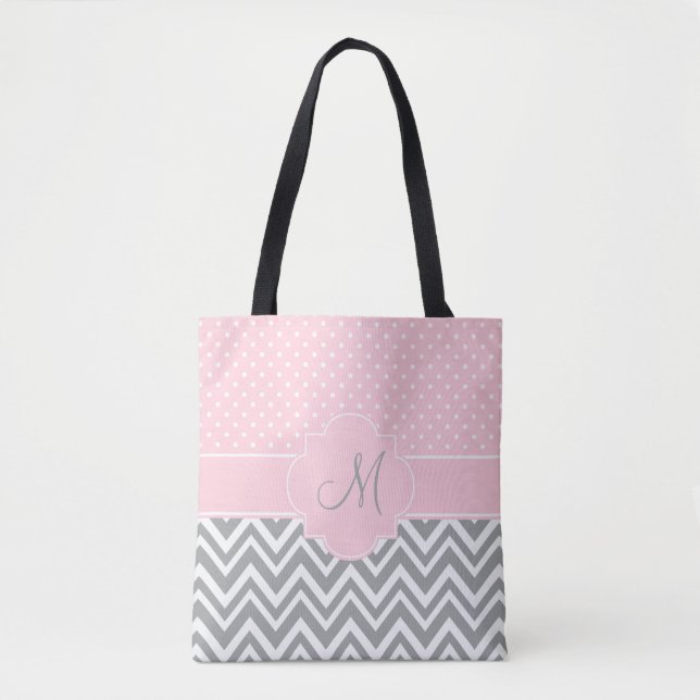 Monogram Grått Chevron med Pastel Rosa Polka Dot Tygkasse (Framsida)