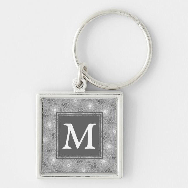 Monogram grått circles mönster fyrkantig silverfärgad nyckelring (Framsidan)