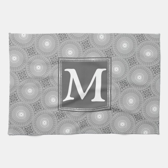 Monogram grått circles mönster kökshandduk (Horisontell)
