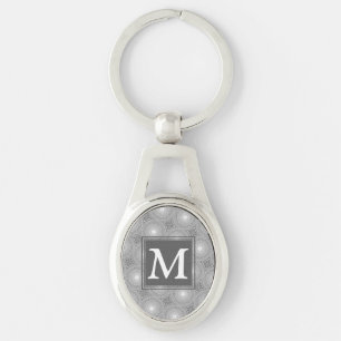 Monogram grått circles mönster ovalt silverfärgad nyckelring
