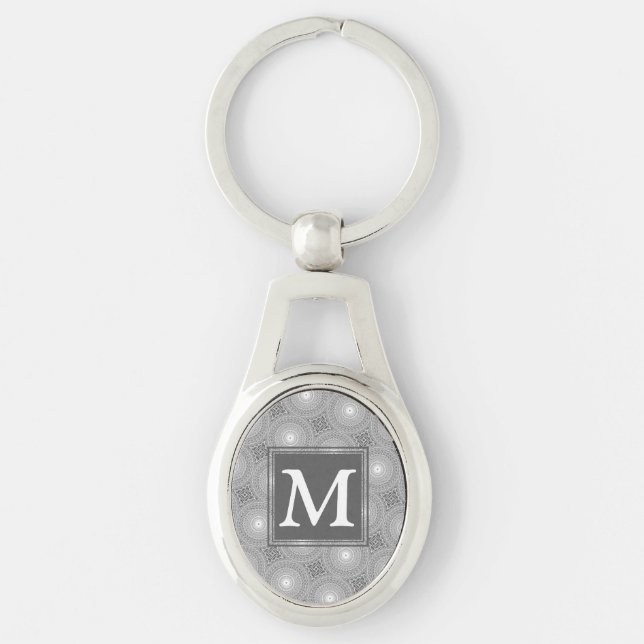 Monogram grått circles mönster ovalt silverfärgad nyckelring (Framsidan)