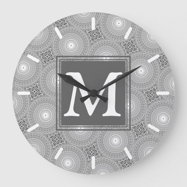 Monogram grått circles mönster stor klocka (Framsida)