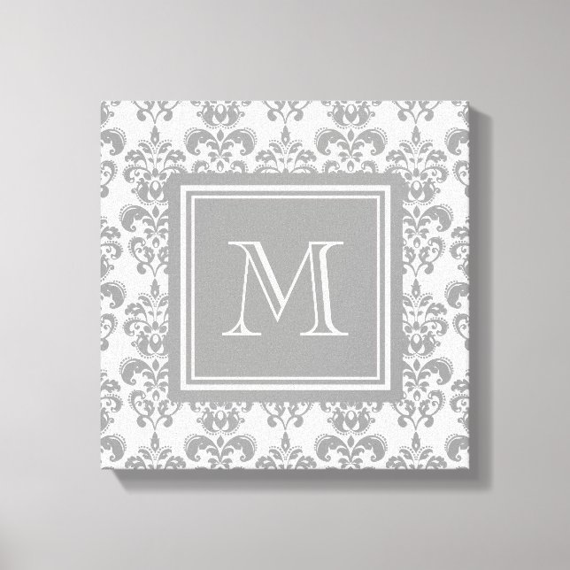 Monogram, Grått Damask-mönster 2 Canvastryck (Framsida)