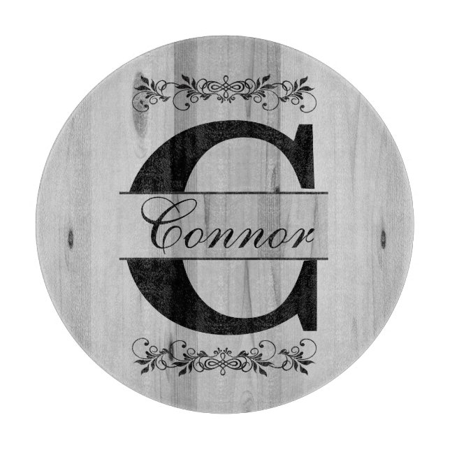 Monogram Grått Faux Butcher Block Wood | DIG-text (Framsidan)