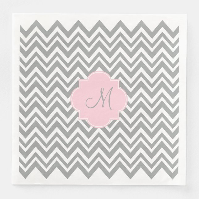 Monogram Grått och vit Chevron med Pastel Rosa Pappersservett (Framsida)
