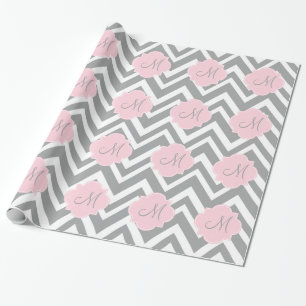 Monogram Grått och vit Chevron med Pastel Rosa Presentpapper