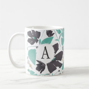 Monogram Grått Teal Blommigt Rand Mönster Kaffemugg