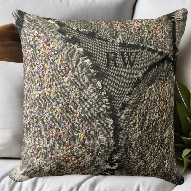 Monogram grått-tryckt linen look blommigt grunge kudde (Skapare uppladdad)