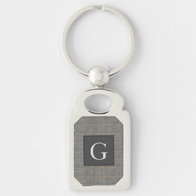 Monogram Grått Tweed Groomsman Bestman Bröllop Gif Rektangulärt Silverfärgad Nyckelring (Framsidan)