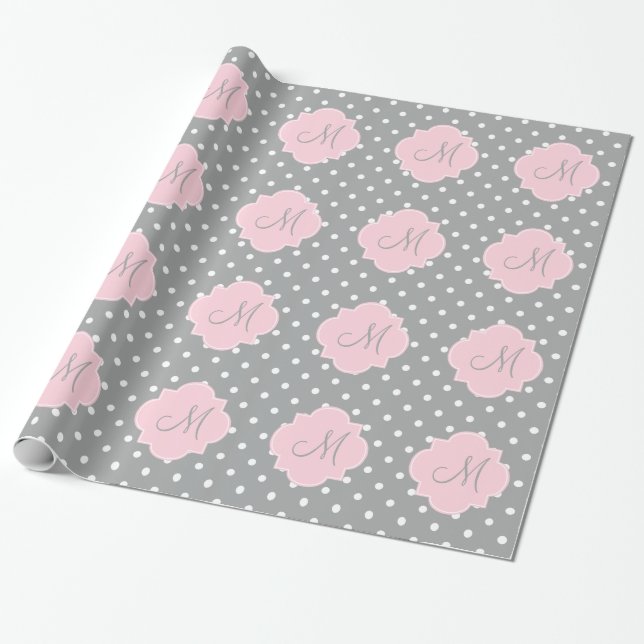 Monogram Grått, vit och pastel Rosa Polka punkt Presentpapper (Utrullad)