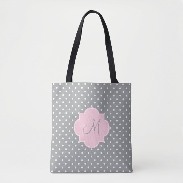 Monogram Grått, vit och pastel Rosa Polka punkt Tygkasse (Framsida)
