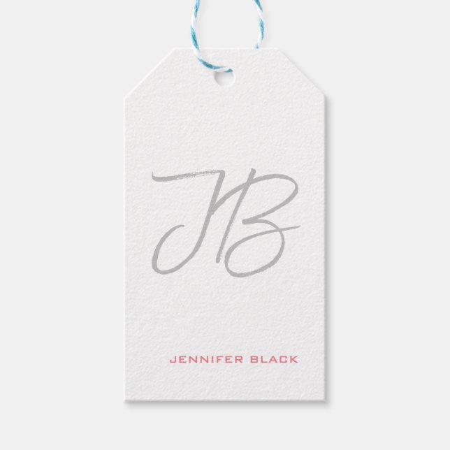Monogram Grått White Plain Calligraphy Script Presentetikett (Framsidan)