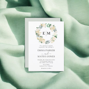 Monogram Greenery Blommigt Elegant White Bröllop Inbjudningar