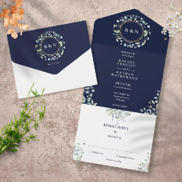 Monogram Greenery Blommigt Navy Blue Bröllop