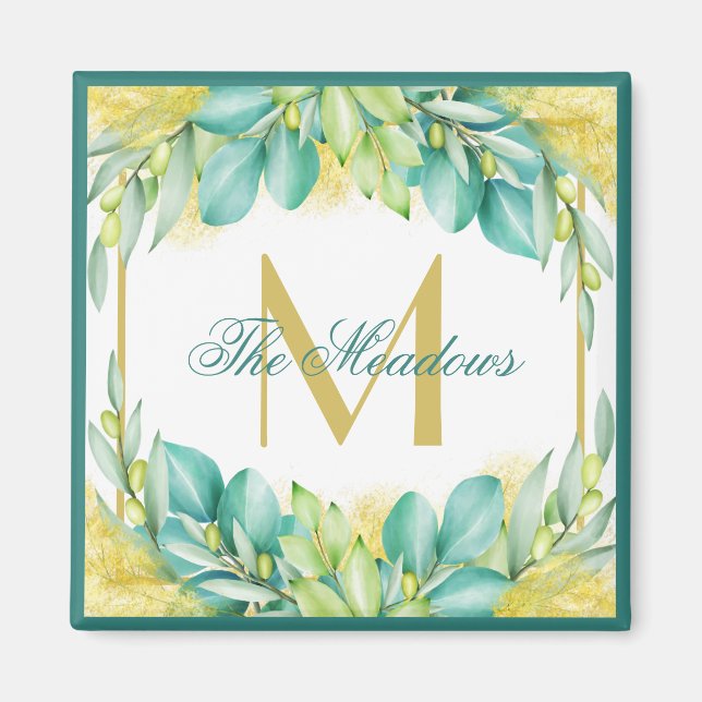 Monogram Greenery Eucalyptus Löv Olive Grenar Magnet (Framsidan)