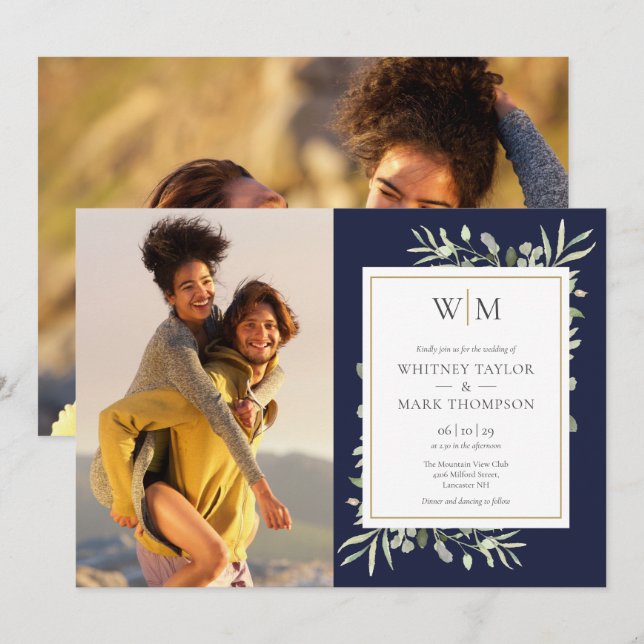 Monogram Greenery Navy Blue Photo Bröllop Inbjudningar (Fram/baksida)