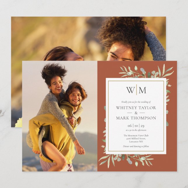 Monogram Greenery Terracotta Photo Bröllop Inbjudningar (Fram/baksida)