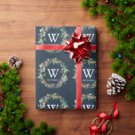 Monogram Greenery Wandejul-Helgdag Presentpapper<br><div class="desc">Den här enkla julklappande pappra helgdag har en marin blå bakgrund med ett monogram och en grön krans. Anpassa den efter dina behov. Du hittar matchande produkter i min butik.</div>