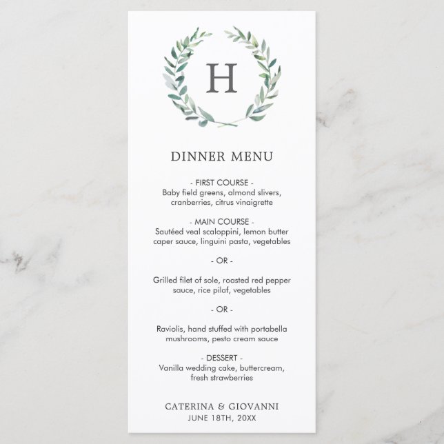 Monogram Greenery Wandey Elegant bröllop Meny (Framsida)