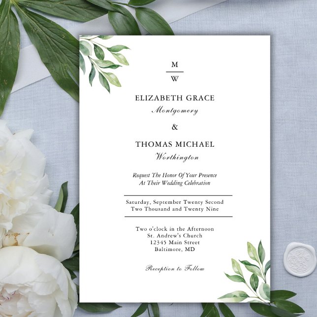 Monogram Grey Elegant Modern Formell Bröllop Inbjudningar (Monogram Greenery Elegant Modern Wedding Invitation)