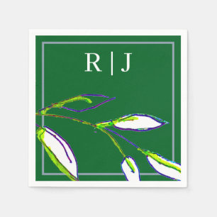 Monogram grön bladkonst dammig blå bröllop pappersservett