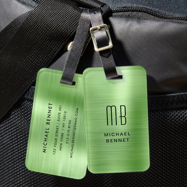 Monogram Grön Borstad Metall  Bagagebricka (Monogram Green Brushed Metal Luggage Tag)