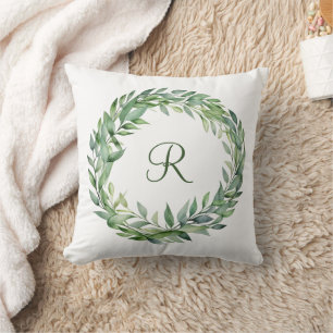 Monogram grön eukalyptuskrans grönska blad kudde