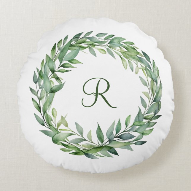 Monogram grön eukalyptuskrans grönska blad rund kudde (Framsidan)