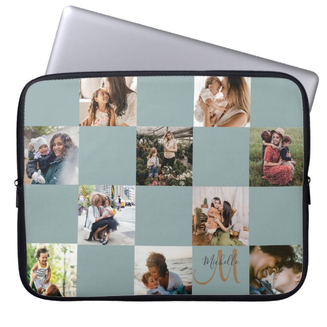 Monogram Grön & Guld Fotokollage Laptop Fodral (Framsidan)