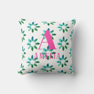 Monogram Grön Het Rosa Retro Blommig Akvarell Kudde