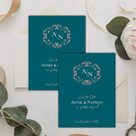 Monogram Grön Invecklad Blommig Ram Bröllop Meddelande Vykort