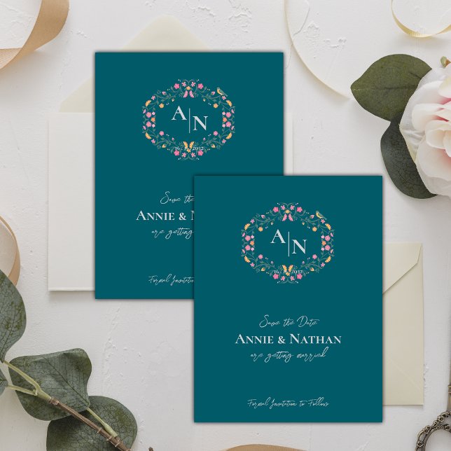 Monogram Grön Invecklad Blommig Ram Bröllop Meddelande Vykort (Monogram Green Intricate Floral Frame Wedding Announcement Postcard)
