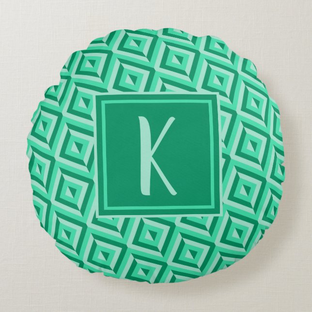 Monogram Grön Trefärgad Diamantmönster Rund Kudde (Framsidan)