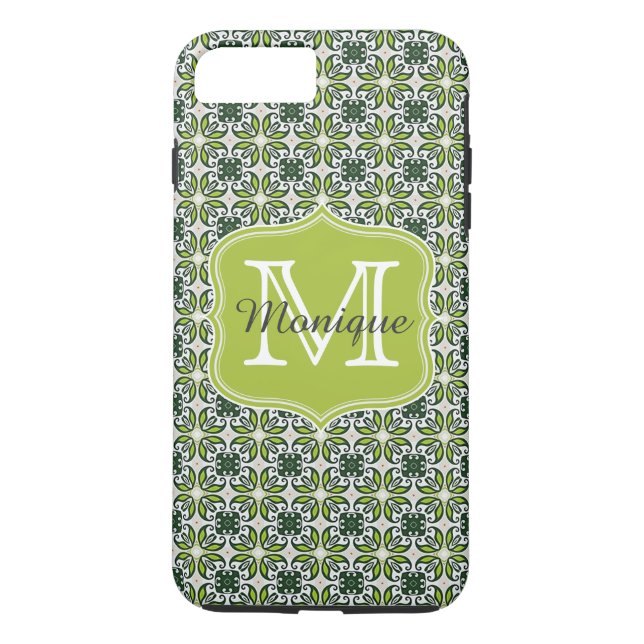 Monogram Gröna Blommönster Case-Mate iPhone Skal (Baksida)