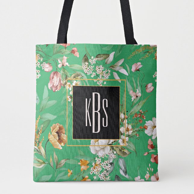 Monogram, gröna blommor i finkonst axelväskor  tygkasse (Skapare uppladdad)