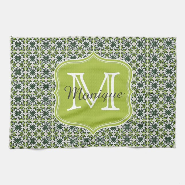 Monogram Gröna Blommor Mönster Kökshandduk (Horisontell)